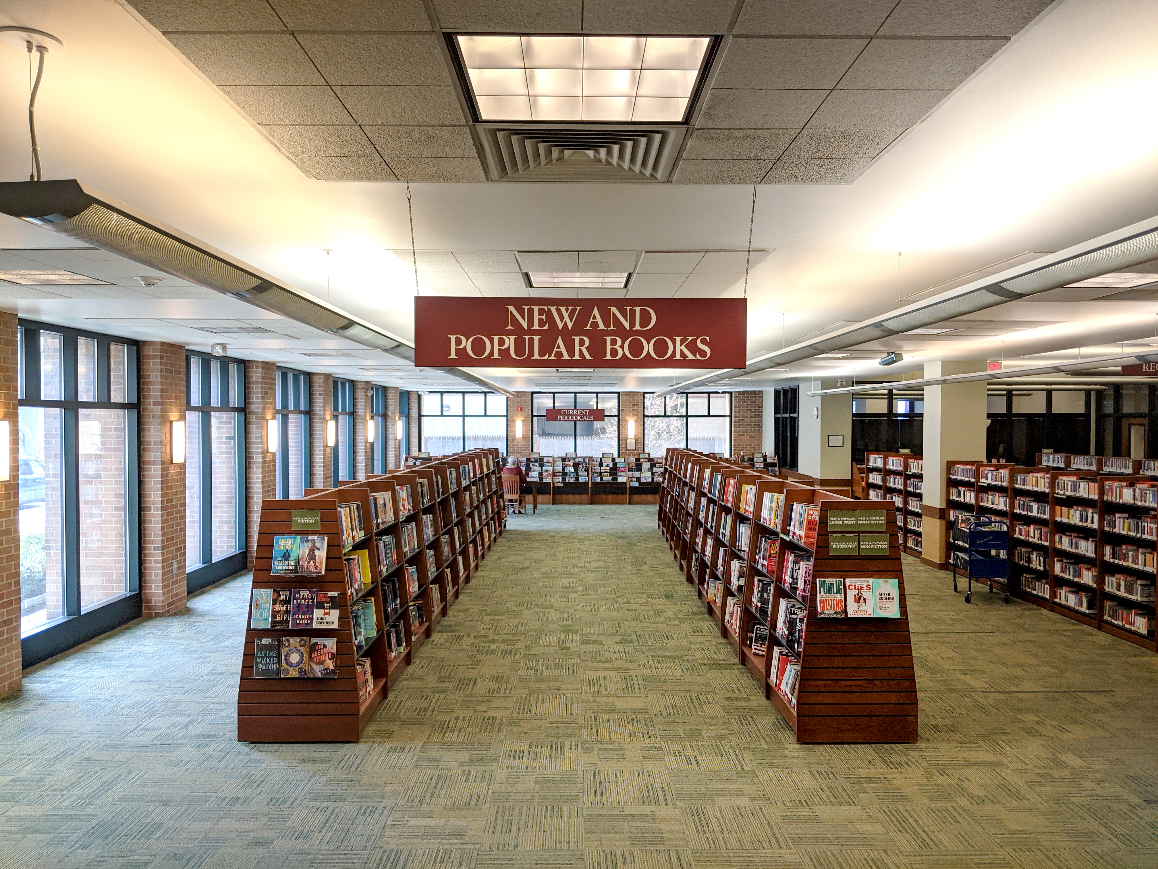 Shelves full of books create a walkway straight forward with a sign above displaying New and Popular Books.