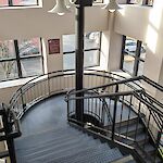Thumbnail: Second floor stairwell, looking down towards the Putnam Street parking lot.