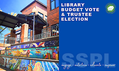 Colorful mosaic wall outside a brick library under a clear sky. Blue section reads: ‘Library Budget Vote & Trustee Election,’ with Saratoga Springs Public Library logo. Text at bottom: ‘engage - enter