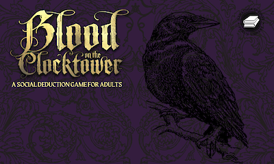 Dark, ornate cover art for “Blood on the Clocktower,” a social deduction game for adults. Features a detailed raven illustration on a purple background.