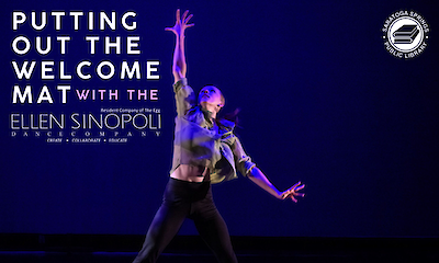Promotional graphic from the Saratoga Springs Public Library titled “PUTTING OUT THE WELCOME MAT WITH THE ELLEN SINOPOLI DANCE COMPANY.” Set against a dark, dramatic blue stage background, it features