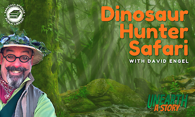 Promotional graphic from the Saratoga Springs Public Library titled “Dinosaur Hunter Safari with David Engel.” Set against a lush, green jungle background, it features a cutout photo of a smiling man