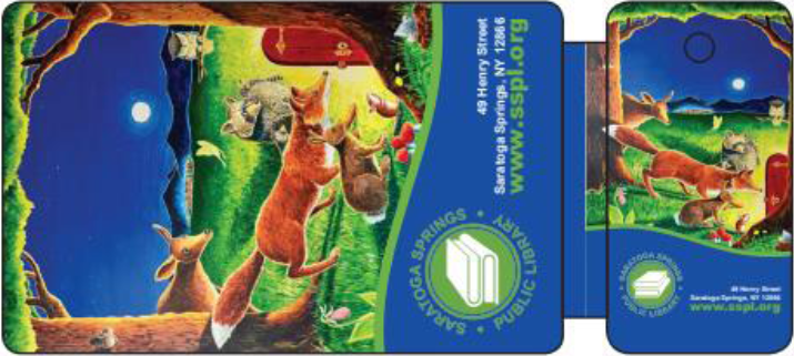 A nighttime nature scene with animals peering with wonder into a tree trunk with a door and light emitting from it, the library in the background.