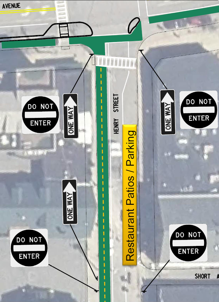 Four newly added DO NOT ENTER signs, and three added ONE WAY signs at specific intersections to help with safe flow, and a block showing restaurant patio areas to the eastern side (away from library).