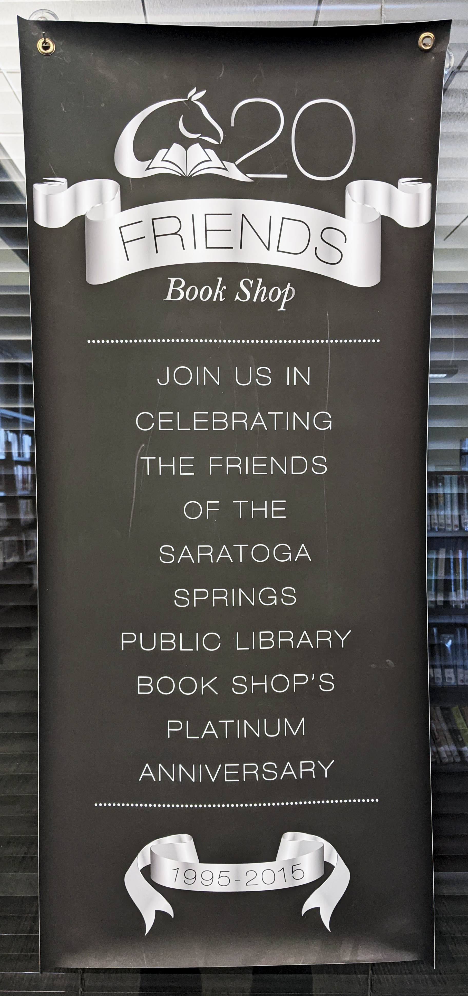 A banner celebrating the Friends’ Book Shop’s longtime service.