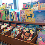 Thumbnail: A massive collection of Children’s books in wooden bins and on a shelf near a window.