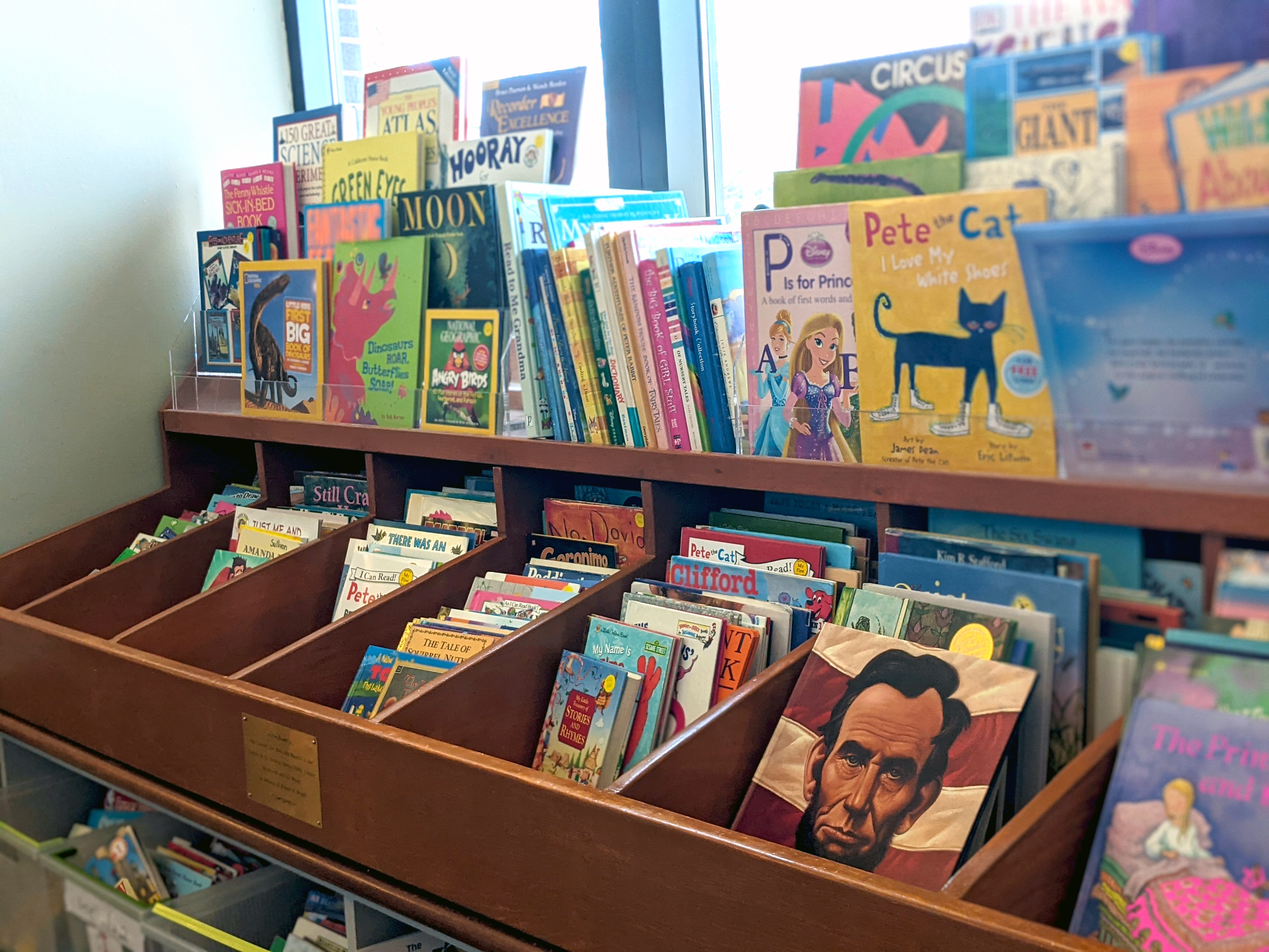 A massive collection of Children’s books in wooden bins and on a shelf near a window.