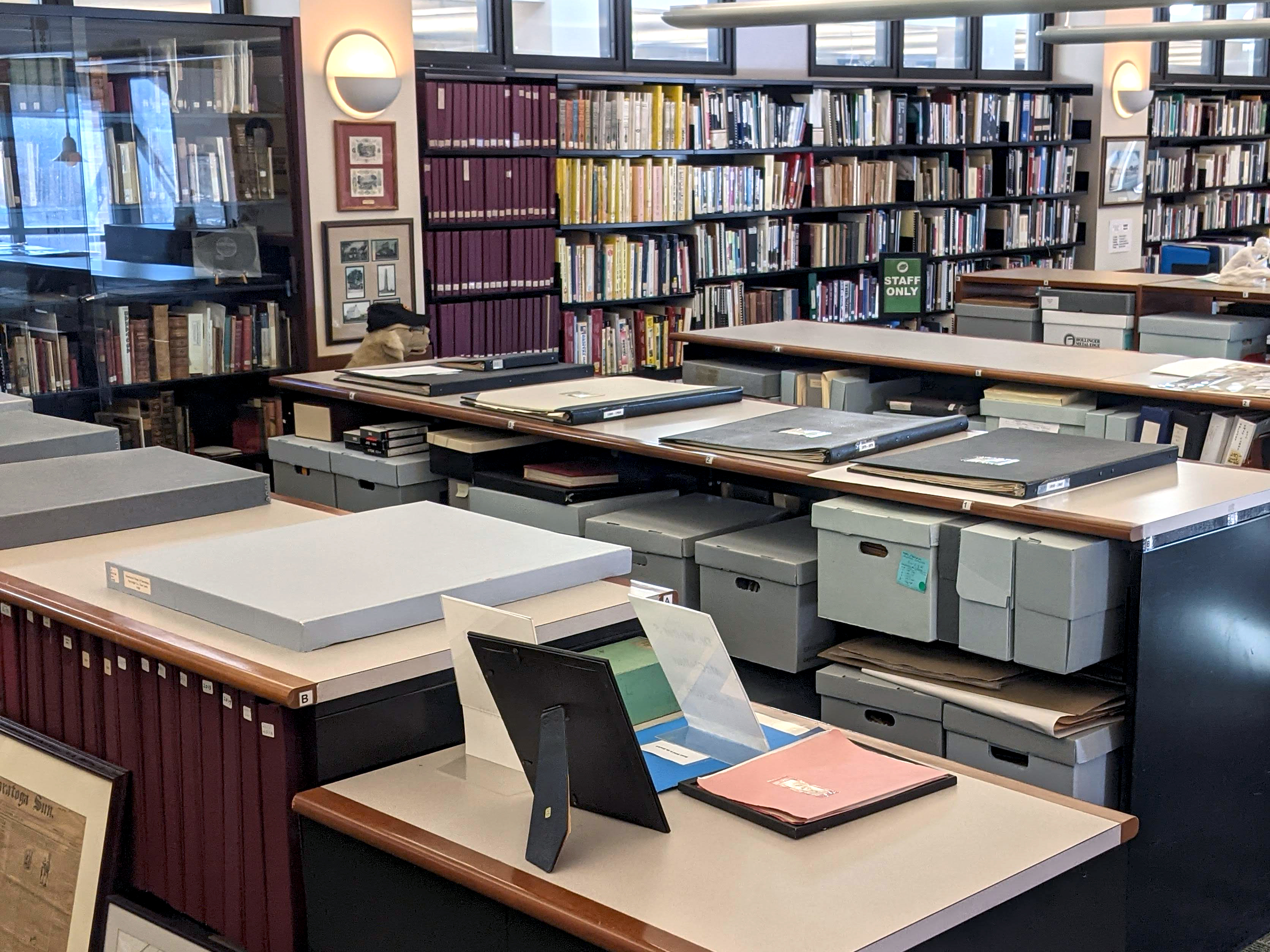 Many books, papers, materials, and items shown on shelves, counters, in boxes, to showcase the large amount of materials available.