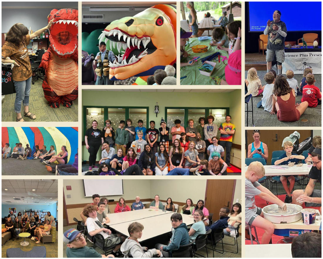 A collection of photos portraying all of the various youth service programs and events, such as parachute storytime, teen groups, volunteers, clay pottery, dinosaur science, and other fun things!