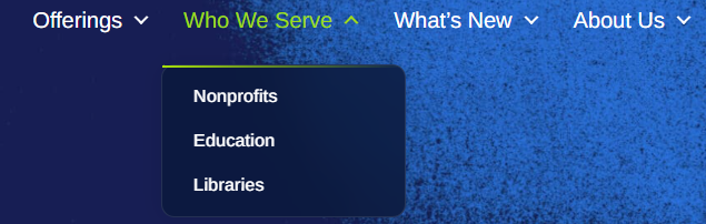 Website screen print showing who Mission Telecom serves: Nonprofits, Education, Libraries.
