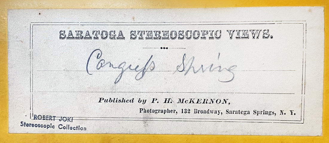 A label depicting a collection, title, and original publisher and photographer of a stereoscopic photograph.