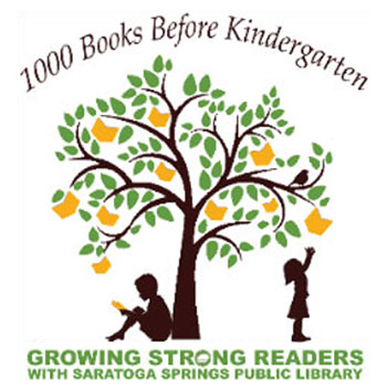 A comic-style, three-tone artpiece of two children under a “Book Tree,” one reading a book by the trunk, the other reaching to pull a book from the tree. The words “Growing Strong Readers” beneath.