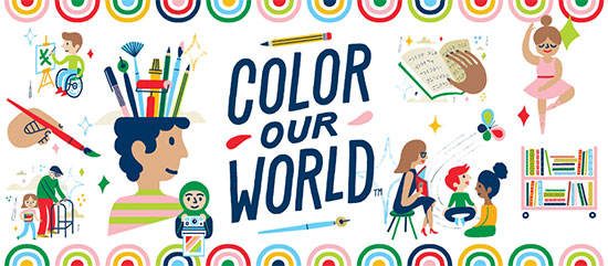 Color Our World - A vibrant display of colors with crayons, paints, toys, clothing, books, and people of various ages.